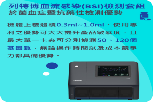 血流感染（BSI）檢測套組，於菌血症暨抗藥性檢測優勢（來源：列特博法說會簡報）列特博做精準醫療，下一步拓展血液感染快速檢測 2024 Jan