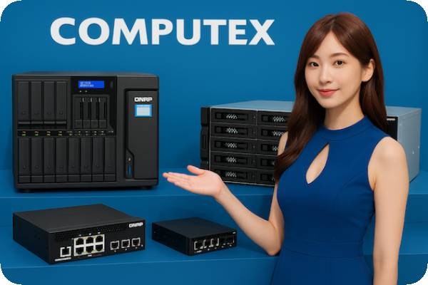 QNAP NAS展示主機、擴充槽、網路交換器等有 show girls 威聯通有軟體，衝刺Edge-AI、備援高階市場 Nov 2025(增)