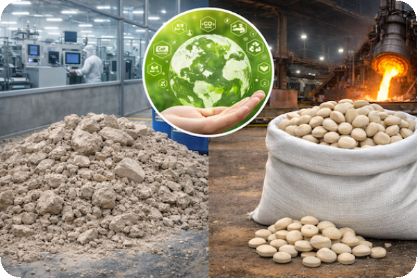 立盈環保為半導體廠處理氟化鈣污泥（左），並以 CaF2生產出人造螢石的再生資源（右） 立盈 1H26 近滿載，中科廠年底去瓶頸擴產 Mar.2026(全)