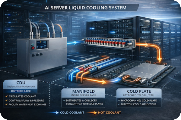 高效能伺服器液冷系統圖，含分歧管 Manifold、冷卻液分配器 CDU、水冷板 Cold Plate（用於邁萪） 邁萪 AI 應用逾 6 成；六月擴產後 3Q26 營運續升 Apr2026