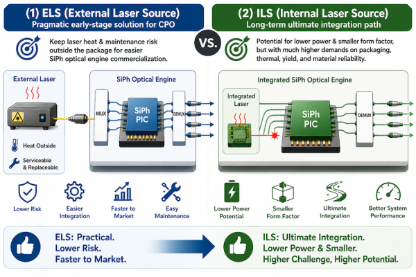 ELS把雷射熱與維修風險留在封裝外，讓optical engine 更易商用。ILS 走整合，有機會降低功耗與體積，良率與材料要求嚴苛_簡 合聖 metalens 對位準優點，目標自動化/高良率 Jun.2026