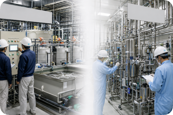 污水與純水處理廠巡檢(左為 Waste Water Treament廢水處理、右為Ultrapure Water System超純水系統 ) 